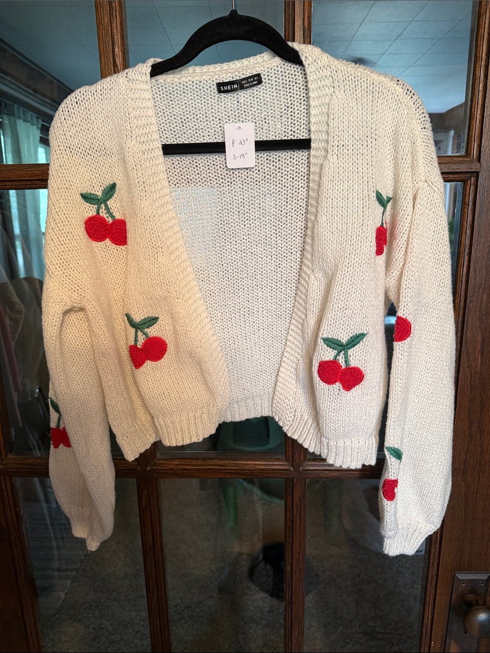 SHEIN Cream Open-Front Cardigan with Red Cherry Embroidery